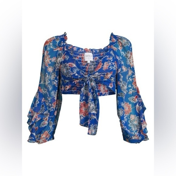 New! MISA Los Angeles Ancora Floral Sireneuse Tie-Front Crop Top 💙 Small NWT! - Picture 9 of 15